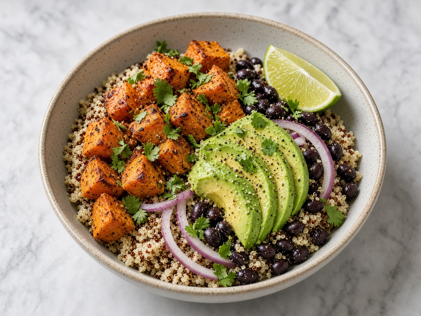 Roasted sweet potato quinoa bowl. AI illustration, not a photo of the dish