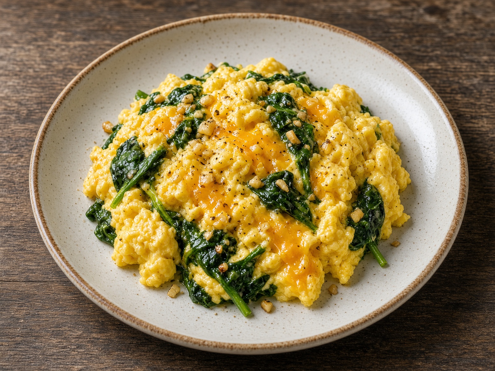 Spinach and garlic scramble. AI illustration, not a photo of the dish