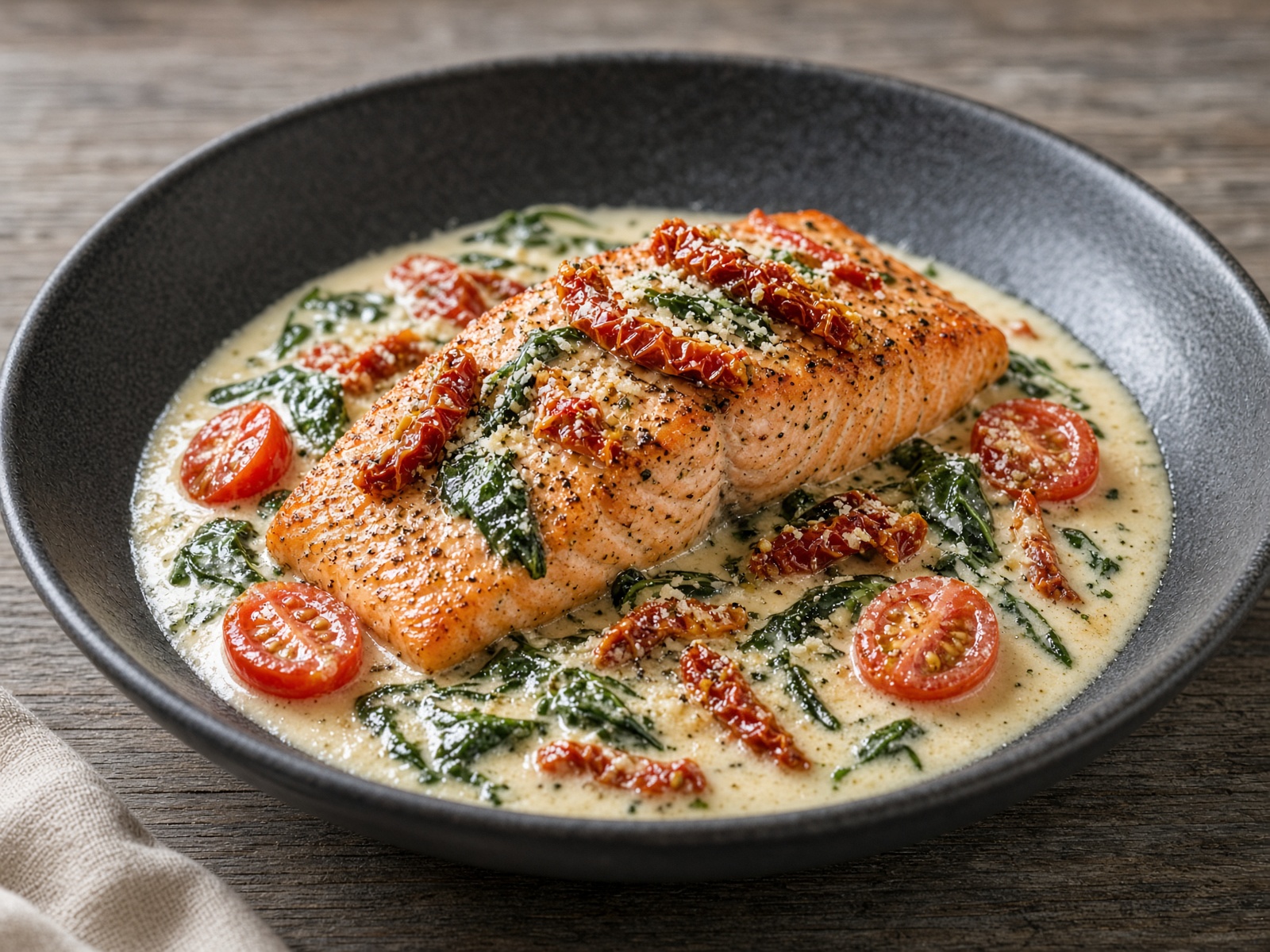 Creamy Tuscan salmon. AI illustration, not a photo of the dish